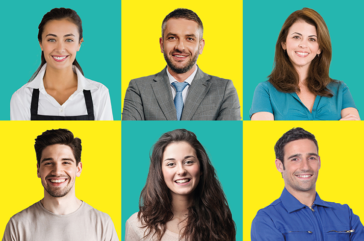 Fundo amarelo e azul com seis pessoas.